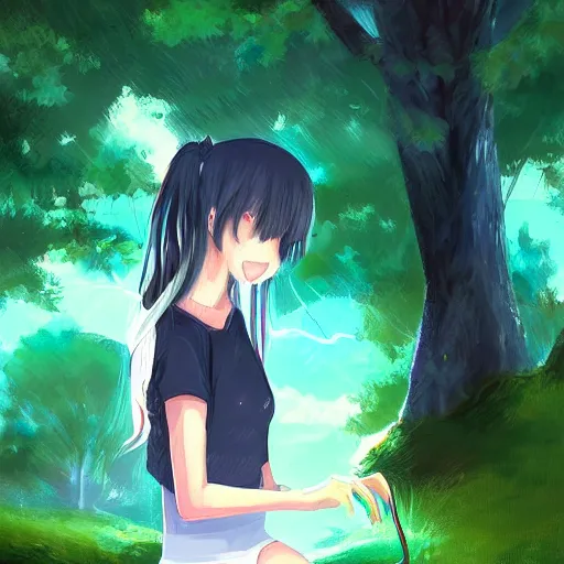 Image similar to anime girl in a park, evening lightning, warm, digital painting
