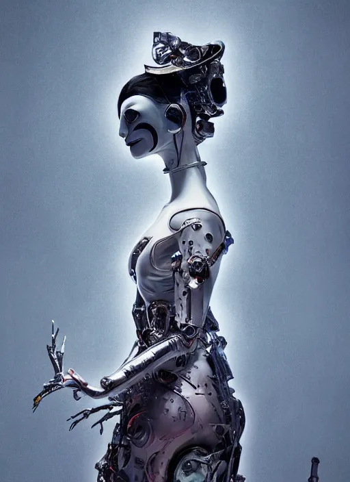 Image similar to portrait of a futuristic geisha cyborg, in the style of ghost in the pans labyrinth, nightmare, kintsugi, modern fine art, fractal, intricate, elegant, highly detailed, digital photography, subsurface scattering, by jheronimus bosch and greg rutkowski,