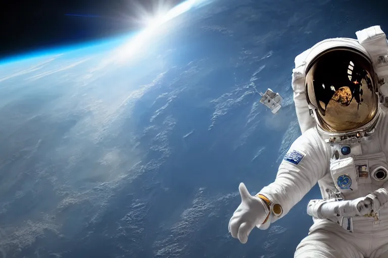 Image similar to astronaut in space wearing a spacesuit floating, international space station in background, highly detailed, photorealistic portrait, bright studio setting, studio lighting, crisp quality and light reflections, unreal engine 5 quality render