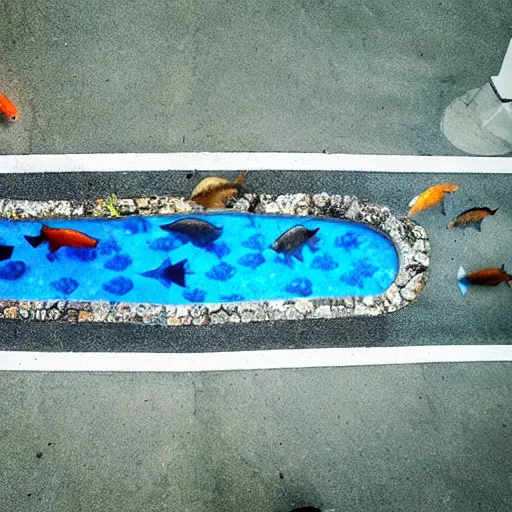 Image similar to a liquid sidewalk with a group of fish swimming inside it [ drone photo ]