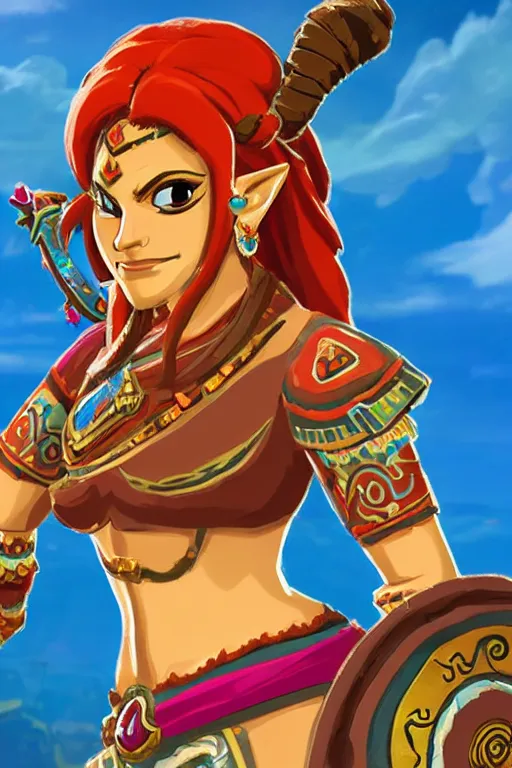 Prompt: an in game portrait of urbosa from the legend of zelda breath of the wild, breath of the wild art style.