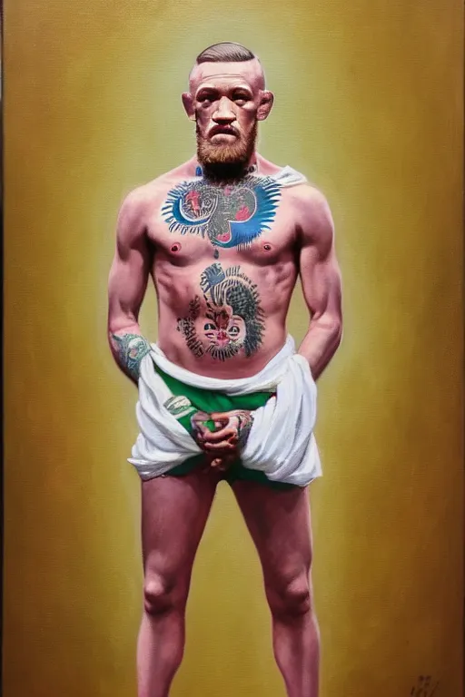 Image similar to full body portrait of conor mcgregor as mahatma gandhi, oil on canvas by william sidney mount, hindu art, great soul, irish folk, trending on artstation