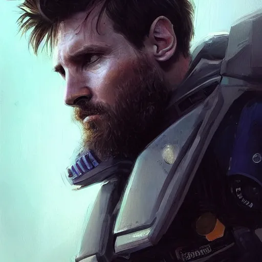 Image similar to portrait of lionel messi by greg rutkowski, mech suit, messy blond hair, beard, tall and muscular, star wars expanded universe, he is about 3 0 years old, wearing a flying jacket, distrustful and arrogant, highly detailed portrait, digital painting, artstation, concept art, smooth, sharp foccus ilustration, artstation hq