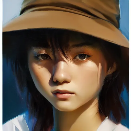 Image similar to oil painting by ilya kuvshinov,, baugh casey, artgerm craig mullins, coby whitmore, of a youthful japanese girl, long hair, fisherman's hat, highly detailed, breathtaking face, studio photography, noon, intense bounced light, water reflection, large tree casting shadow, serine intense sunlight