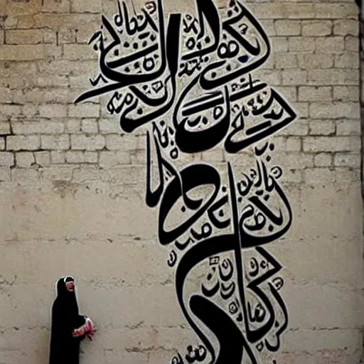 Image similar to arabic calligraphy, transylvanian folk art, in the style of graffiti, made by banksy