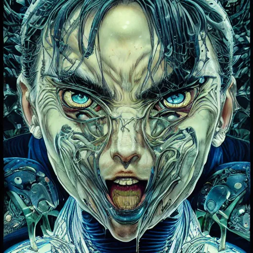 Prompt: portrait of crazy face tearing apart, symmetrical, by yoichi hatakenaka, masamune shirow, josan gonzales and dan mumford, ayami kojima, takato yamamoto, barclay shaw, karol bak, yukito kishiro