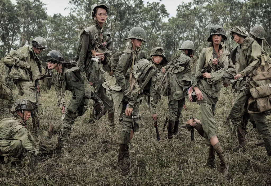 Image similar to fashion editorial in Vietnam war battlefield. wide angle shot. highly detailed.