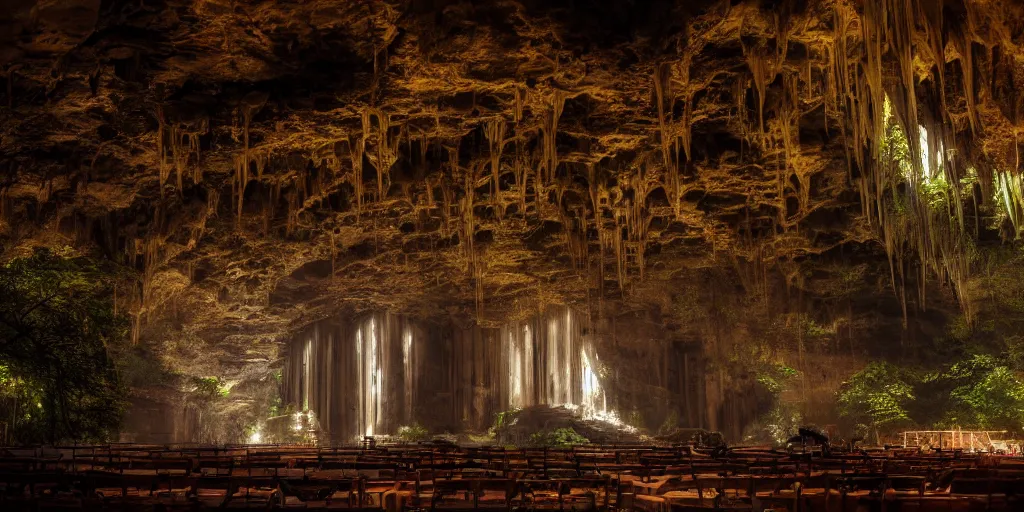 Image similar to a fantasy elven hall interior in the style of a waterfall cave, huge Greek columns, wet floors, high ceiling, dark moody lighting, foggy atmosphere, bright colors, photo by Denis Villeneuve, low angle view