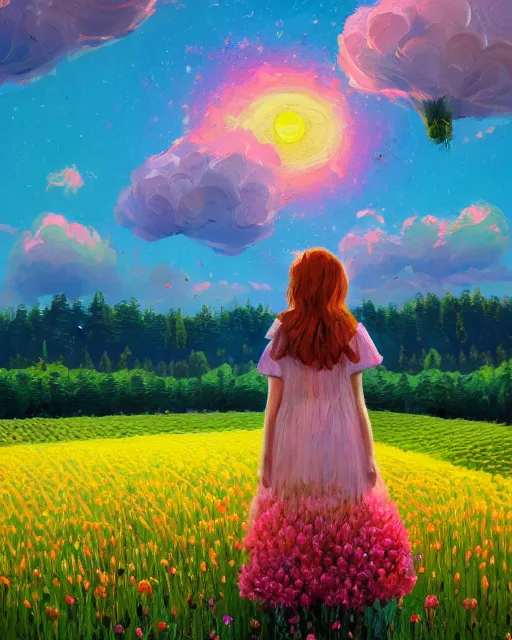 Image similar to girl with giant flower as a face and flower dress, standing in a flower field hills, big trees, sunrise dramatic light, impressionist painting, colorful clouds, digital painting, pointillism, artstation, simon stalenhag