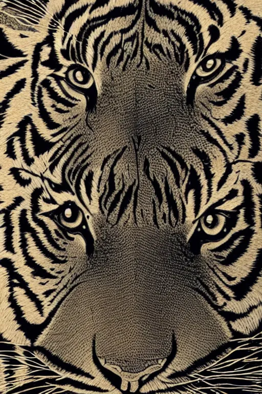 Image similar to a beautiful woodcut print of a indonesien tiger, 8 k, frostbite 3 engine, cryengine, dof, trending on artstation, digital art, crepuscular ray, art by roy l davies and tugboat printshop