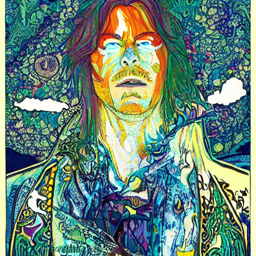 Prompt: the dude from big lebowski as ziggy stardust, face dreaming in clouds, colorful, dissolving, ethereal, intricate, painting in the style of sana takeda, yoshitaka amano, alphonse mucha