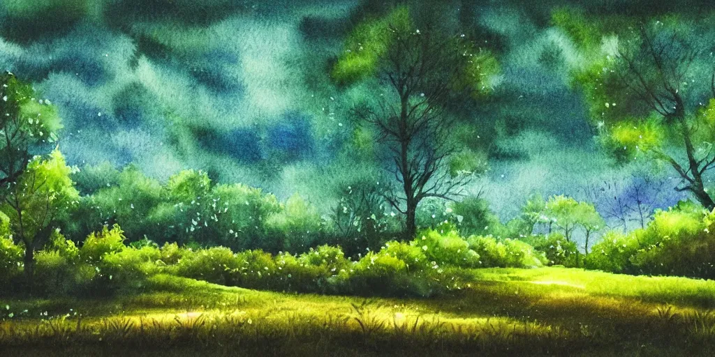 Image similar to nighttime nature landscape, lush, rich greenery, watercolor, ultra realistic, highly detailed, hd, sharp focus, warm colors, realistic, vivid colors, painting, non blurry, sharp, smooth, illustration