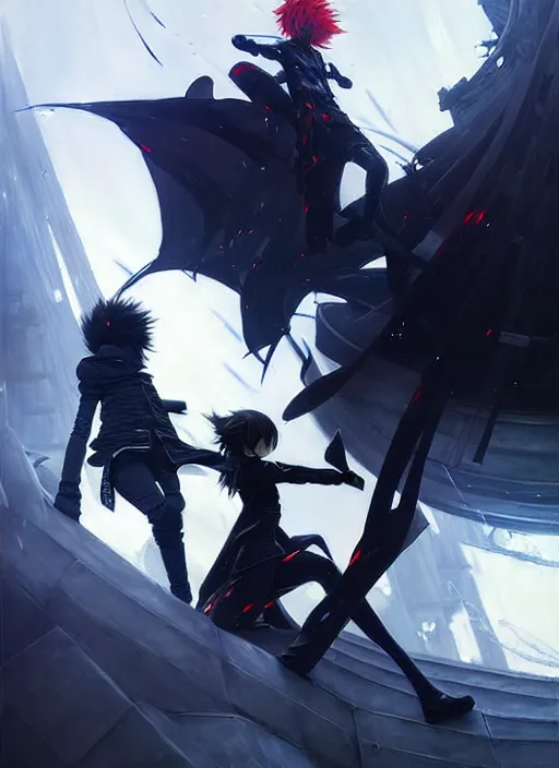 Image similar to amazing fantasy art of killy from blame! and sanakan in the netsphere having a battle, by ruan jia