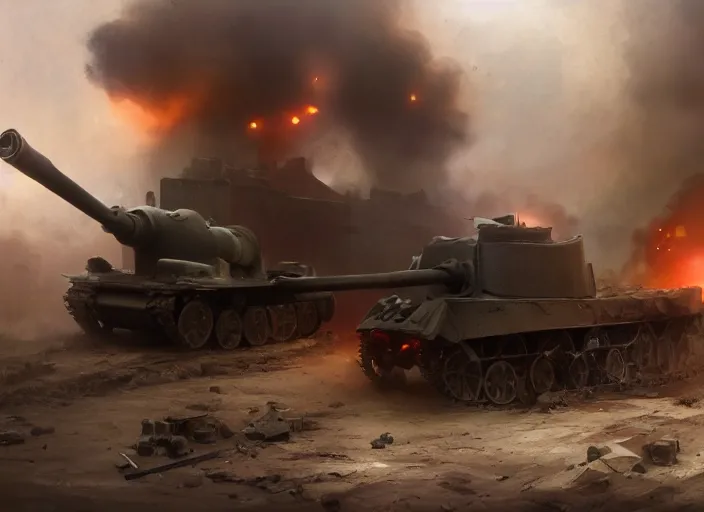 Image similar to A World War 1 Tank firing his gun to a building causing it to collapse and explode, Battlefield 1, extremely detailed digital painting, in the style of Fenghua Zhong and Ruan Jia and jeremy lipking and Peter Mohrbacher, mystical colors, rim light, beautiful Lighting, 8k, stunning scene, raytracing, octane, trending on artstation