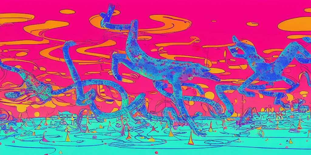 Image similar to risograph of electric cats that fly over ice, a lot of tv screens around, shrimps are all over the ground, acid and dreaming psychedelic hallucinations, by moebius, colorful surreal design, hd, 8 k, artstation