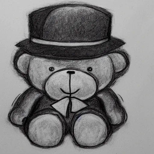 Image similar to suspicious teddy bear wearing a fedora, sneaking, looking around, in an alley, pencil sketch, black and white