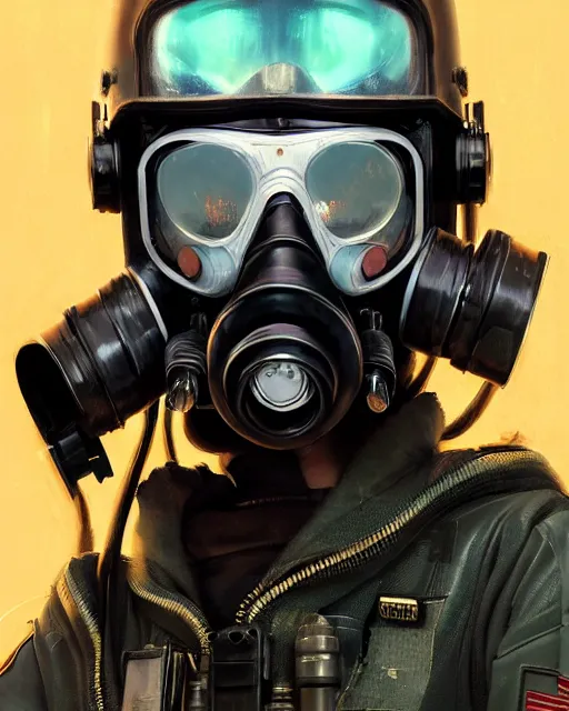 Image similar to detailed portrait neon female swat officer flying a jet, cyberpunk futuristic, neon, gas mask, reflective puffy coat, decorated with traditional japanese by ismail inceoglu dragan bibin hans thoma greg rutkowski alexandros pyromallis nekro rene margitte, fire & smoke, illustrated, perfect face, fine details, realistic shaded, fine - face, pretty face