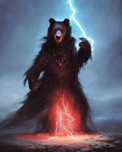 Prompt: oil painting of Anthropomorphized Bear Sorcerer casting spell, magical runes flying, wearing fur cloak, sharp focus, lightning storm background, magical aura, evil, heroic pose, fantasy style, octane render, volumetric lighting, 8k high definition, by greg rutkowski, highly detailed, trending on art Station, magic the gathering artwork, Thunderstorm background, centered, dramatic artwork