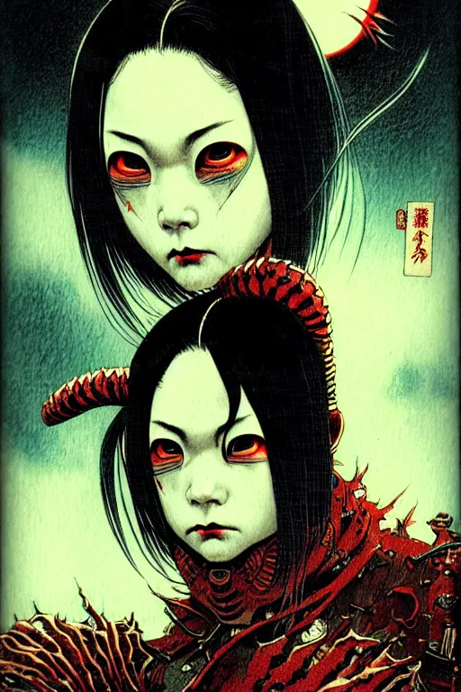 Image similar to japanese vampire girl, character portrait, portrait, close up, concept art, intricate details, highly detailed, eyes, yokai, blood, fangs, soft light, vintage sci - fi poster, in the style of chris foss, rodger dean, moebius, michael whelan, and gustave dore