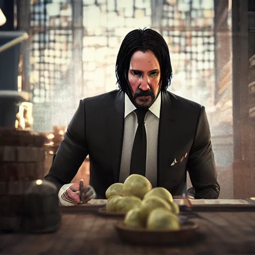 Prompt: john wick digging potatoes in belarus, instagram photo, photorealistic, hyper detailed, hyper realistic, houdini, vfx, unreal engine 5, octane render, 8 k