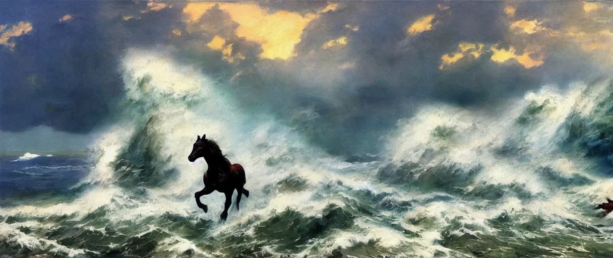 Prompt: horse running along a stormy ocean, large waves, dreamy, painterly, by frank frazetta, vivid colors