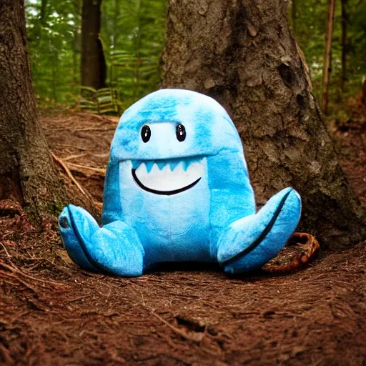 Prompt: blue'snappy gifts'plush toy with smily face in magical forest, gifts, dark atmosphere, high detail, soft lighting, 8 k