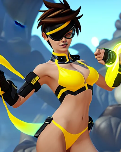 Image similar to tracer game character, in yellow bikini, blonde hair, black eyes, full height