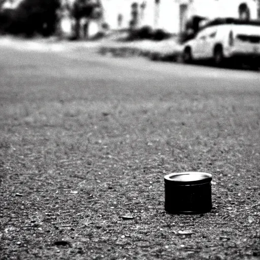 Prompt: Shot from below, an empty gas canister left on the ground with a shotgun left on the ground, in a town filled with pale yellow mist. End of the world. Depth of field. Film grain. Documentary photo. Sigma 40mm f/1.4 DG HSM