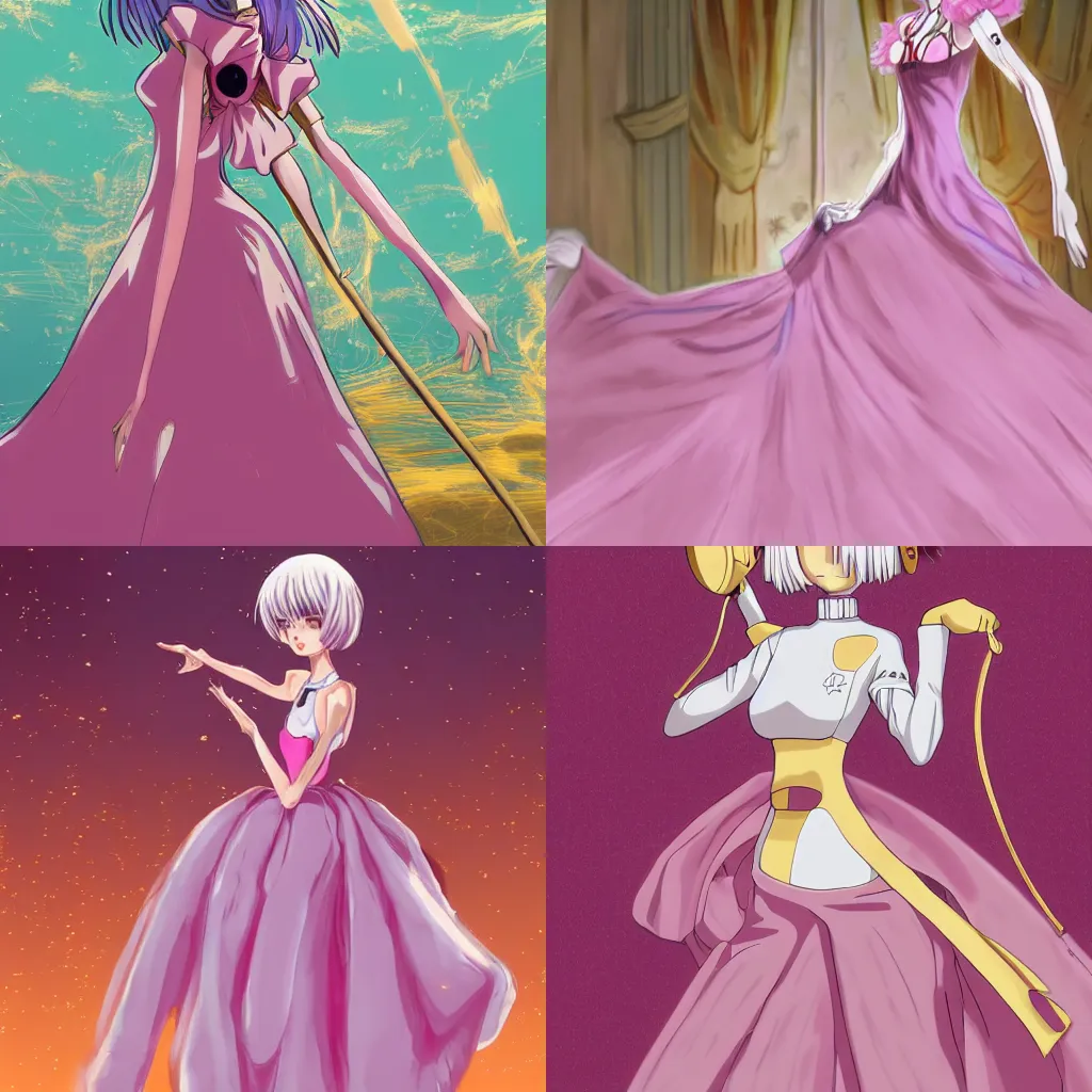 Prompt: Rei Ayanami from Evangelion, wearing a pink ballroom gown, background of a golden ballroom, highly detailed, smooth, digital painting, promotional art, trending on pixiv