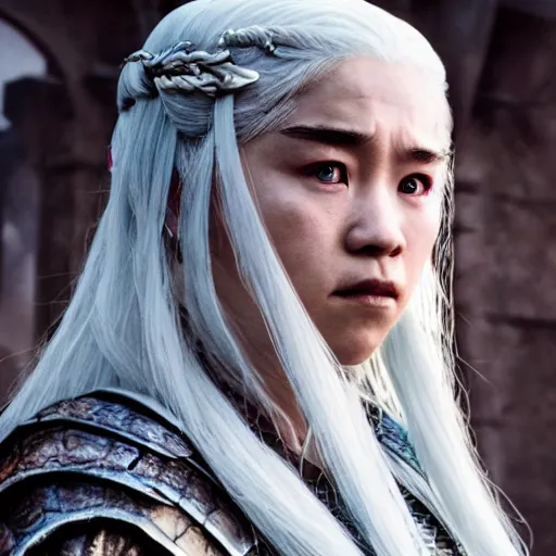 Image similar to justin sun as daenerys game of thrones, 4 k, epic, cinematic, focus, movie still, fantasy, serious, extreme detail, atmospheric, dark colour, sharp focus