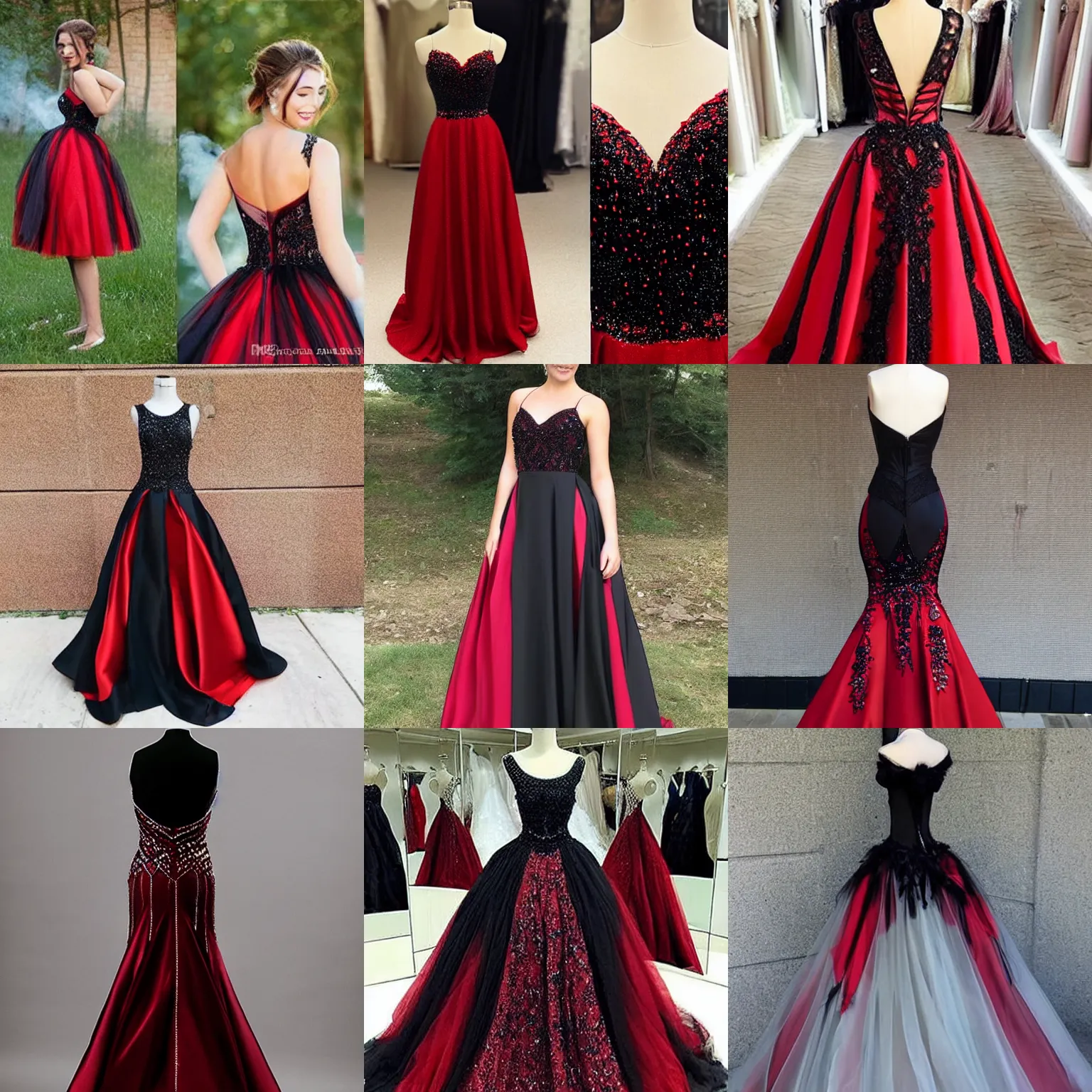 Prompt: a beautiful prom dress made from smoke crimson and black