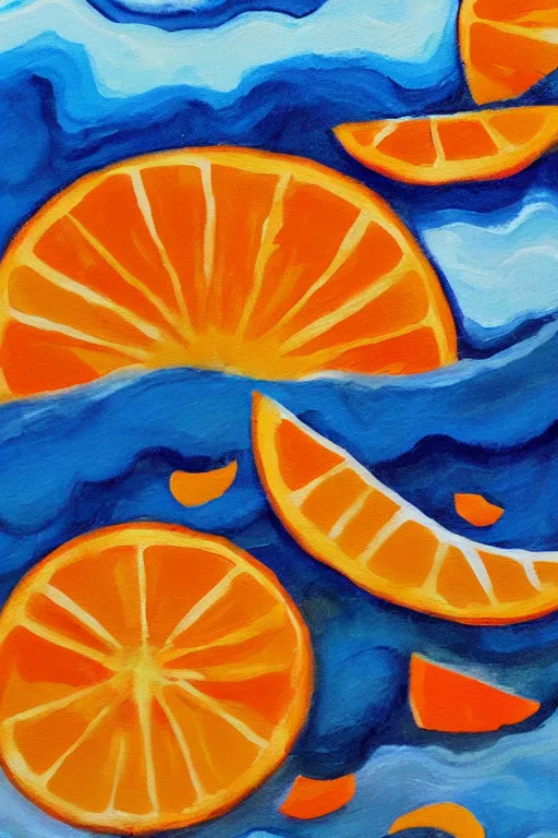 Image similar to a Acrylic painting of summer ,water,wave , orange and orange slices,blue theme and Yellow accents,Colour composition