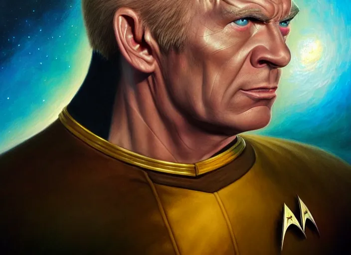 Image similar to portrait shot of a evil captain kirk in star trek, realistic, professionally, professionally color graded, intricate, elegant, highly detailed, centered, digital painting, artstation, concept art, smooth, sharp focus, illustration, artgerm, tomasz alen kopera, peter mohrbacher, donato giancola, joseph christian leyendecker, wlop, boris vallejo