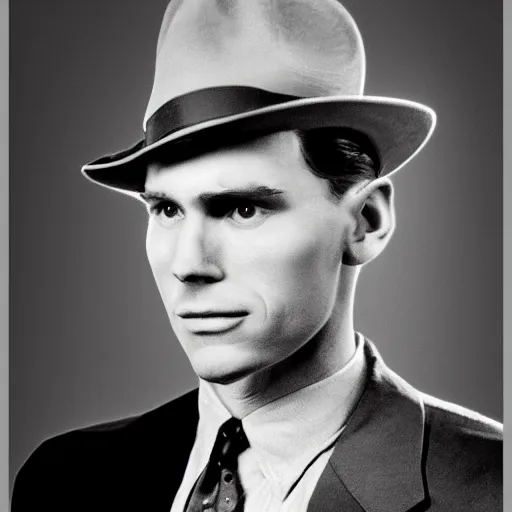 Image similar to A photograph portrait of Jerma985 wearing a suit with and fedora in the 1940s, taken in the early 1940s, grainy, taken on a 940s Kodak Camera, realistic, hyperrealistic, very realistic, highly detailed, very detailed, extremely detailed, detailed, digital art, trending on artstation