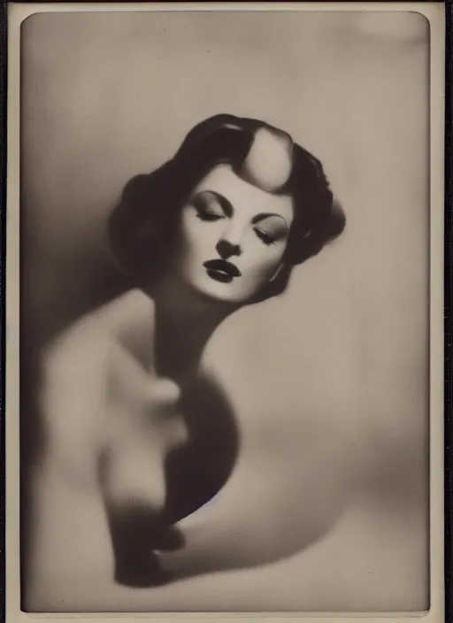 Prompt: a beautiful contemplative woman, flash polaroid photo by george hurrell,