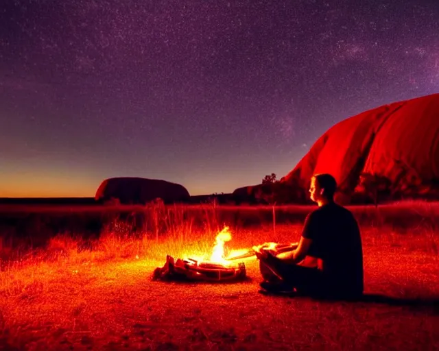 Image similar to close - up of man sitting playing medicine drum at campfire under cosmic night sky with uluru in background, global illumination radiating a glowing aura global illumination ray tracing hdr render in unreal engine 5, dramatic atmospheric volumetric lighting