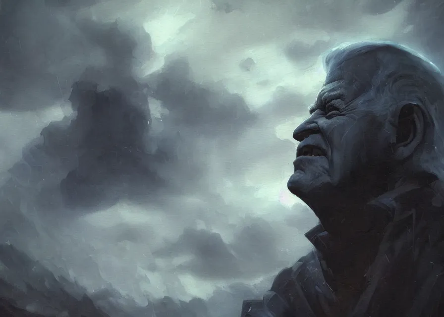 Image similar to abstract obscure painting of giant Joe Biden grinning emperor of the world emerging in dark clouds, Sidious, immense crowd of varied people, cosmic horror , trending on ArtStation, masterpiece, by Greg Rutkowski, by Ross Tran, by Fenghua Zhong, octane, lightbeam eyes, soft render, clear facial features, oil on canvas, moody lighting, cinematic, professional detailed environmental concept art