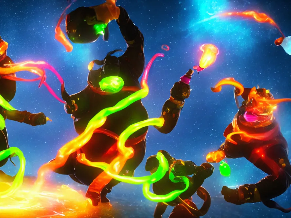 Prompt: a hyperrealistic portrait render of two fat ninjas opening a bottle of glowing worms and squirting fluorescent liquid in the cosmos, unreal engine , vertical symmetry, 8k