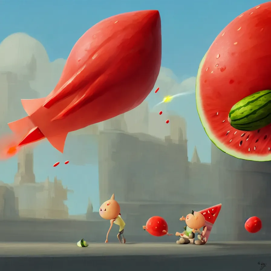 Image similar to Goro Fujita illustrating a rocket in the form of watermelon hitting the Red Square, art by Goro Fujita, sharp focus, highly detailed, ArtStation