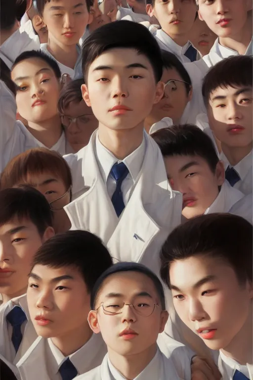 Prompt: low angle shot, wide lens of group of young asian student with white uniform looking at the camera, octane render, photorealism, masterpiece painted by jc leyendecker, 8 k, high detail, fantasy art, dnd, artstation,