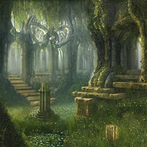 Prompt: ancient overgrown ruins, medieval gates, runestones, mysetrious etherial mesmerizing runic cat eyes, magical elven geometry, concept art by gustav klimt, deviantart contest winner, environmental art, high detail