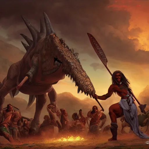 Image similar to Dark Skinned Orc Barbarian slaying a dinosaur with a chanting arena crowd in the background, Oil Painting, hyperrealistic, octane render, Detailed Digital Art, RPG scene, William-Adolphe Bouguereau, Michael Cheval, dynamic lighting, Highly Detailed, Cinematic Lighting, 8k, HD