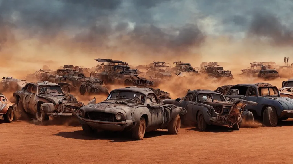 Image similar to pixar cars in mad max fury road, cartoon eyes, war boys, furiosa, explosions, imax