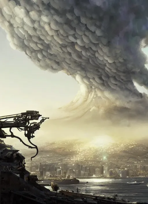 Image similar to hyper realistic squid robot attacking cape town city, table mountain explosions, atmospheric beautiful details, strong composition drawn in ink by kim jung giu weta studio rutkowski, james gurney and greg rutkowski, and lucasfilm