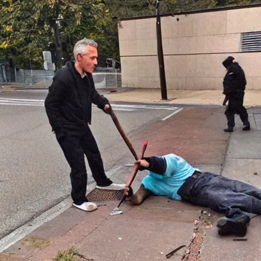 Prompt: jordan peterson getting bludgeoned to death with a pick axe by a homeless person