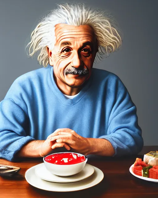 Image similar to a portrait of albert einstein sitting at the dining table with a plate containing jell - o in front of him, highly detailed, trending on artstation, bokeh, 9 0 mm, f / 1. 4