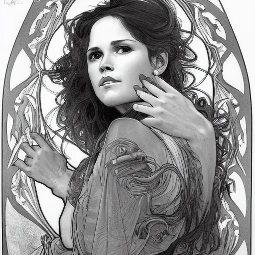 Prompt: beautiful lifelike award winning pencil illustration of linda blair trending on art station alphonse mucha cinematic atmospheric