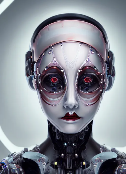 Image similar to a white cast futuristic biomechanical humanoid evil nurse with pretty face, porcelain skin, ornate headpiece, futuristic digital painting, cyberpunk, 8 k,