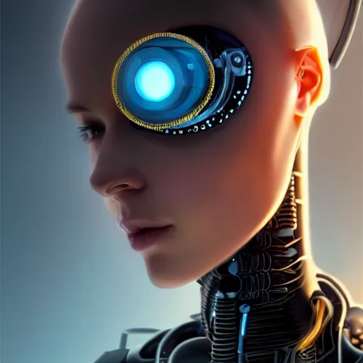 Image similar to centered portrait of an ultra detailed Mechanical Cyberpunk Female Android, looking into the camera!!, intricate, elegant, super highly detailed, professional digital painting, artstation, concept art, smooth, sharp focus, no blur, no dof, extreme illustration, Unreal Engine 5, Photorealism, 8k, cinematic, art by artgerm and greg rutkowski and alphonse mucha and loish and WLOP