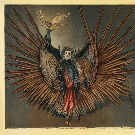 Image similar to biblical style creature, seraphim, dozens of bird - like wings, hundreds of eyes